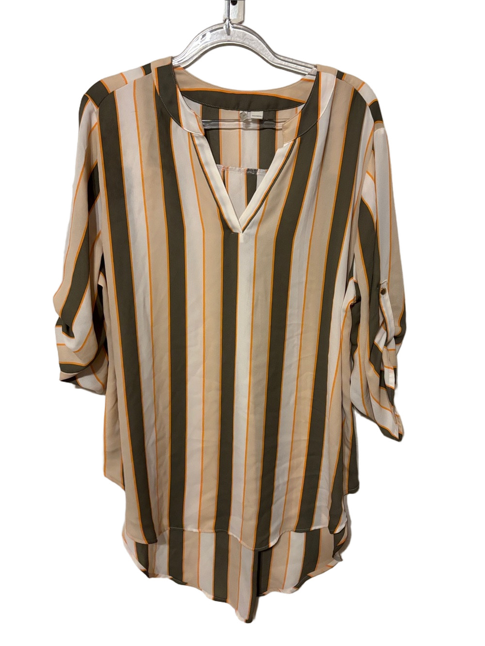 🎼CATO Green & Cream Striped V-Neck Blouse size 14/16 W GUC
